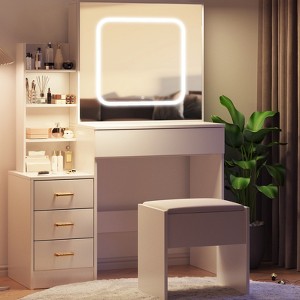 Makeup Vanity Desk With Sliding Mirror, Vanity Desk With Mirror, Dressing Table with 3 Color Adjustable Light and 4 Drawers, Stool, White - 1 of 4