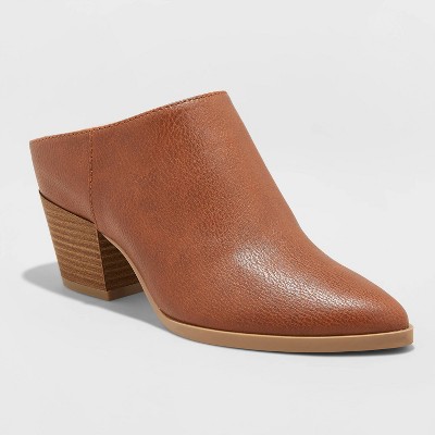 brown leather heeled mules