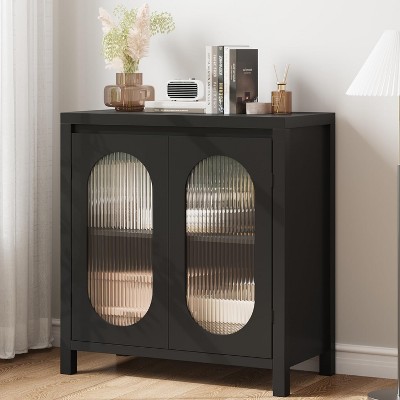 32" Modern Sideboard Cabinet with Glass Doors & Adjustable Shelves - Black Accent Storage for Living Room, Dining Room, Entryway | Fluted Design