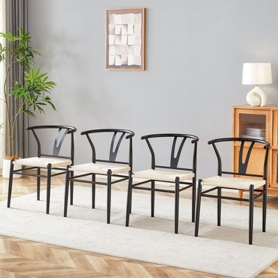 Sapphtopaz Y-Shaped Dining Chairs Set of 4 with Woven Seat Living Room Dining Chair with Iron Legs Wishbone-Back Kitchen Chair for Dining Room
