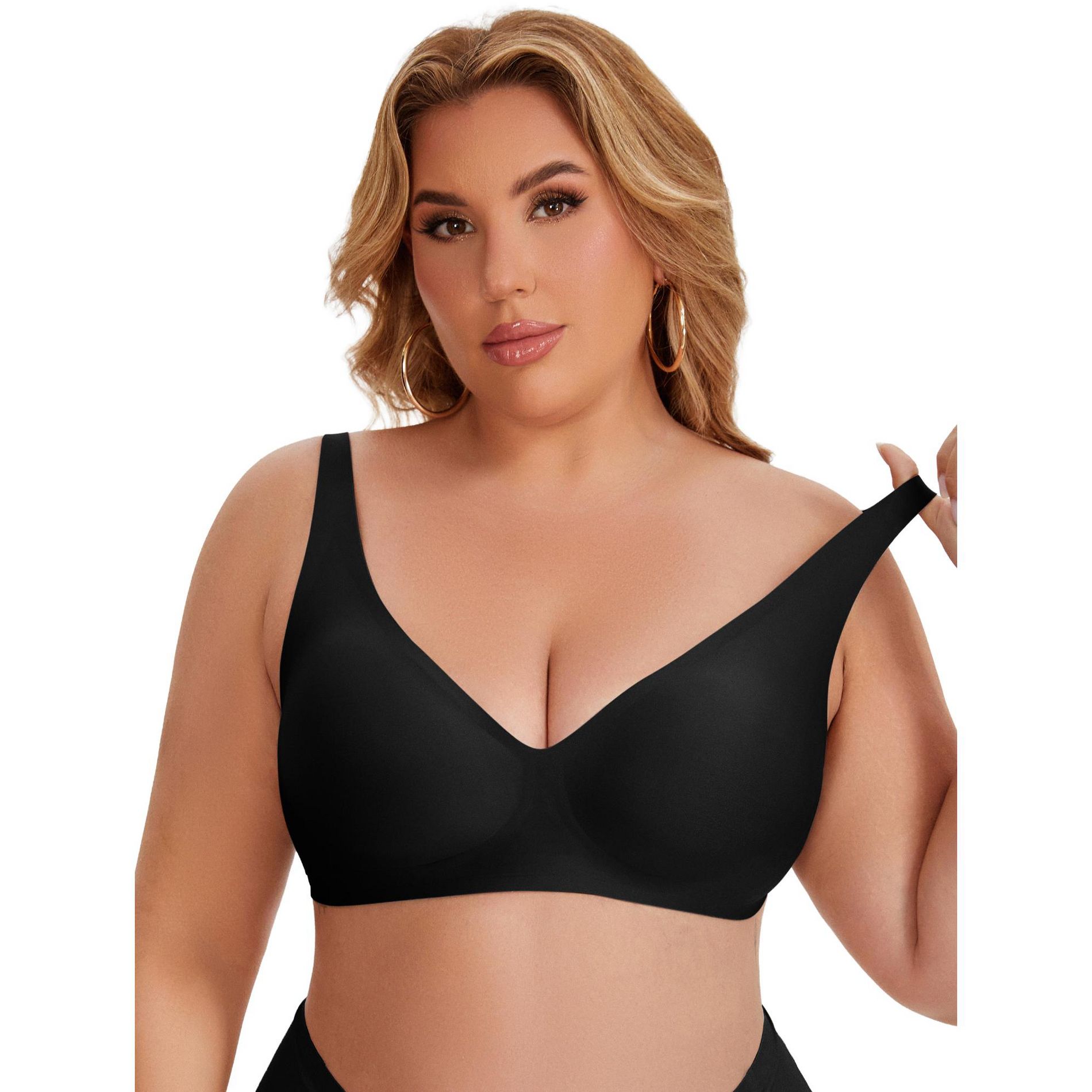 INSPIRE CHIC Women's Deep V Seamless Wirefree Adjustable Straps Bras Light Soft Cup Lingerie X-Large Black