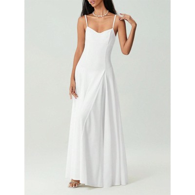 Clotth Women's Solid Color Long Dress - Spaghetti Strap Sleeveless Cami Dress, Fashion Big Swing Casual Dress, White