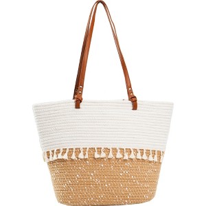 Magid Natural Cotton Woven & Faux Leather Fringe Shoulder Tote - 1 of 4