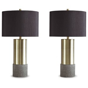 Set of 2 Jacek Table Lamps Gray/Brass - Signature Design by Ashley: Chic Drum Shade, Metallic Accents, UL Listed - 1 of 4