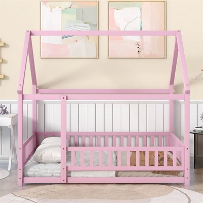 Full Size Wooden House Bed, Kids Floor Bed With Roof And Fence Guardrail, No Box Spring Needed, Easy Assembly, For Boys Girls Bedroom