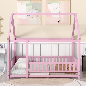 Full Size Wooden House Bed, Kids Floor Bed With Roof And Fence Guardrail, No Box Spring Needed, Easy Assembly, For Boys Girls Bedroom - 1 of 4