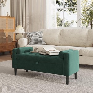 46.5" Storage Bench,Velvet Upholstered Tufted End of Bed Bench with 2 Pillows & Rolled Arms - 1 of 4