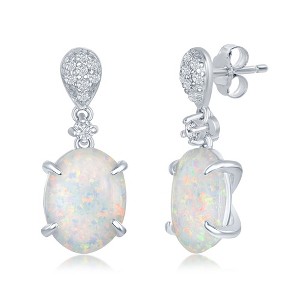 Bella Silver Sterling Silver Micro Pave White Inlay Four-Prong Oval Dangle Earrings - White - 1 of 2