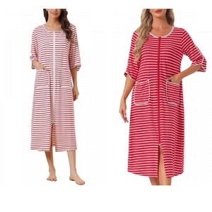 INSPIRE CHIC Women's 2 Pack Zip Front 3/4 Sleeve Nightgown Striped