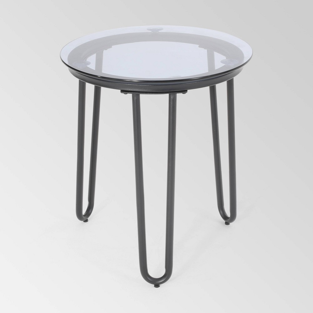 Photos - Coffee Table La Jolla Iron Modern Side Table - Black - Christopher Knight Home: Weather-Resistant, Glass Top, Patio Furniture