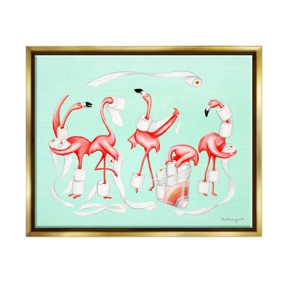 Stupell Industries Silly Flamingos Toilet Paper Framed Floater Canvas Wall Art