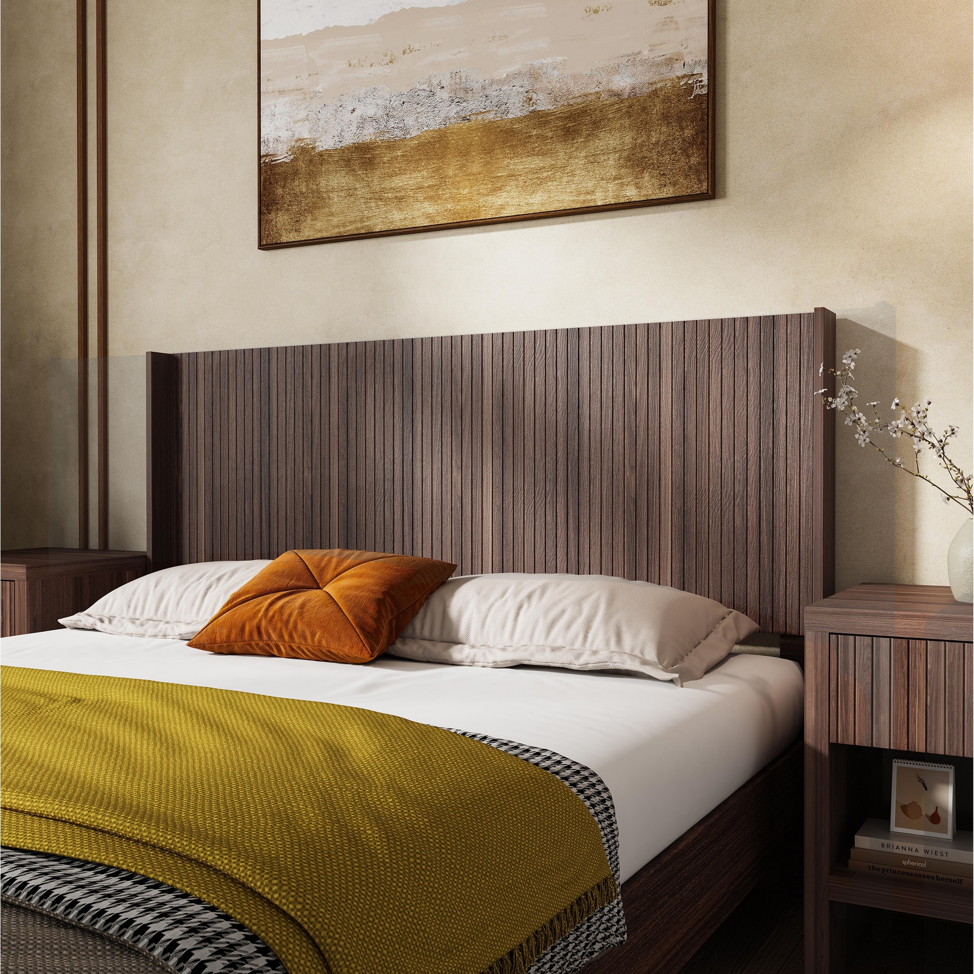 GDFStudio Eureka Modern Farmhouse Wall Mounted Fluted Wood Headboard Only, Walnut, Queen