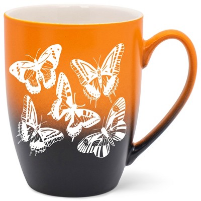 Elanze Designs Butterflies Two Toned Ombre Matte Orange and Black 12 ounce Ceramic Stoneware Coffee Cup Mug