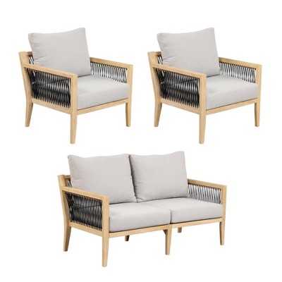 Freya Light Brown Acacia Wood Outdoor Seating Set with Gray Cushions
