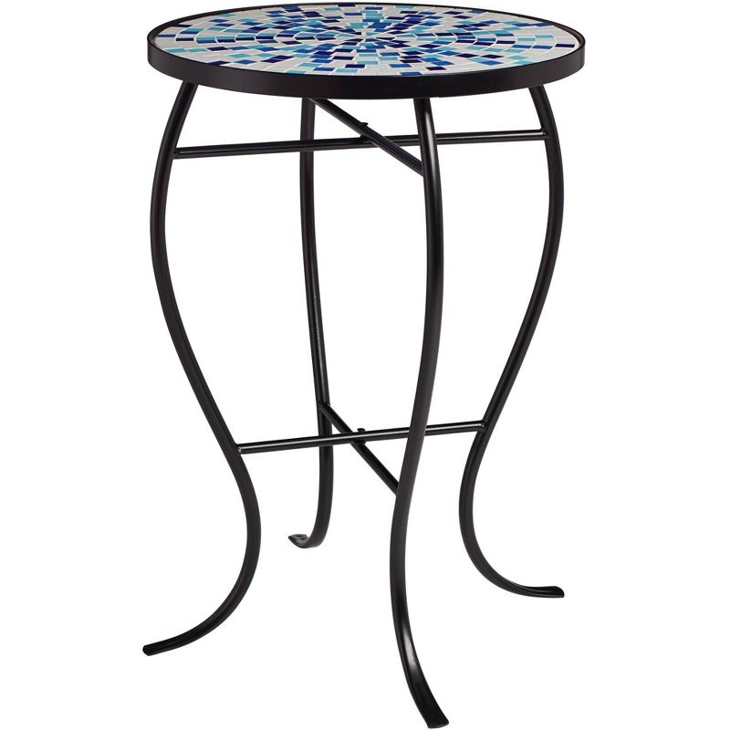 Teal Island Designs Modern Black Round Outdoor Accent Side Tables 14" Wide Set of 2 Multi Blue Mosaic Tabletop Front Porch Patio Home House, 5 of 10