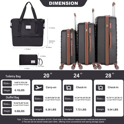 Vynxaria 5-Piece Black PP Hardshell Luggage Set 20/24/28" Suitcases Travel Bag Toiletry Pouch TSA Lock