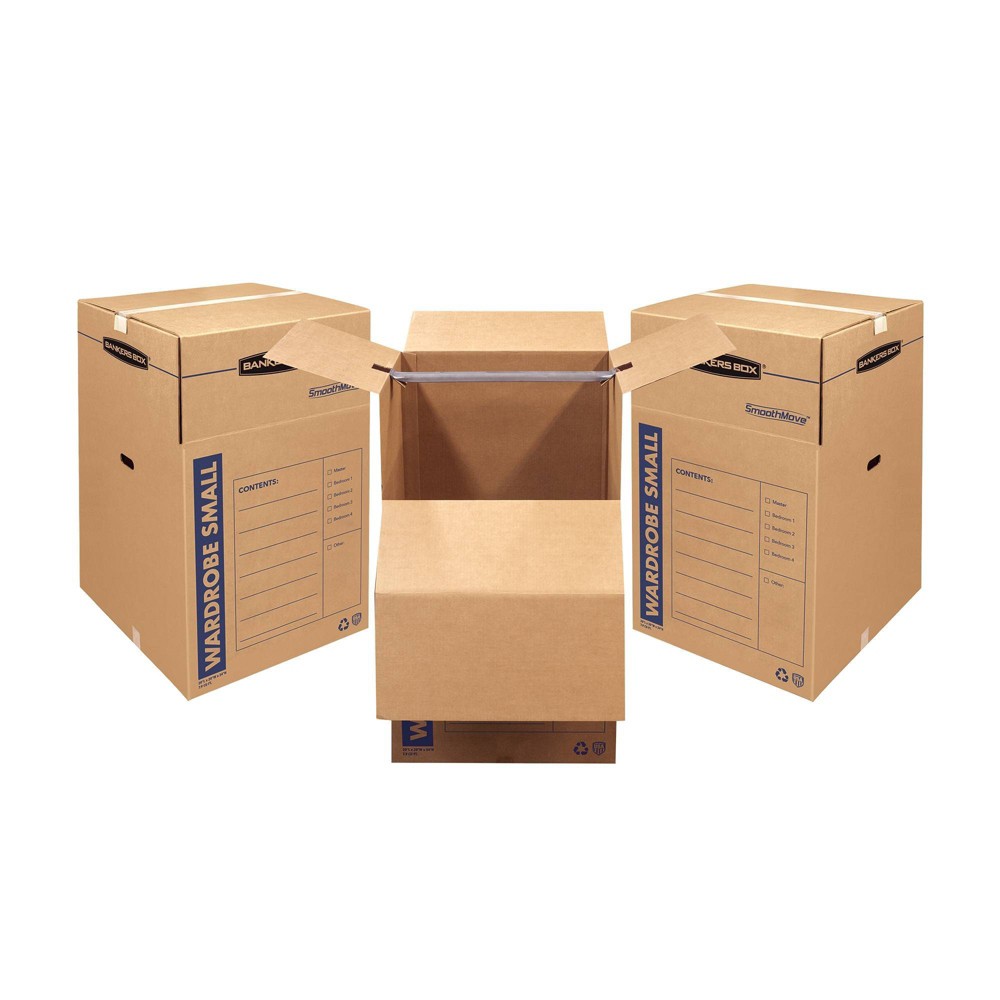 Bankers Box 3pk SmoothMove Short Wardrobe Moving Boxes - Fellowes: Recyclable Brown Paper, 20"x20", Moving Supplies