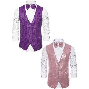 Lars Amadeus Men's Shiny Sequins Disco Party Prom Formal Vest with Bow Tie 2 Packs - 1 of 4