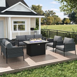 LayinSun 5 Piece Outdoor Furniture Set with Fire Pit Table, Modern Rope Woven Patio Conversation Sofa Set with Olefin - 1 of 4