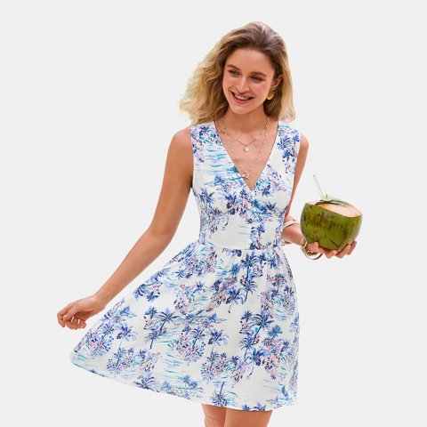 Женские платья Cupshe Women's Tropical Palm Tree Print V-Neck Beach Dress-M-Blue