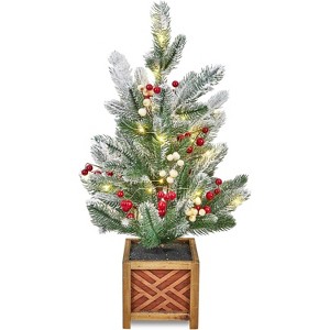 24 Inch Pre-Lit Mini Artificial Christmas Tree, Artificial Tabletop Xmas Trees with Red Berries - 1 of 4