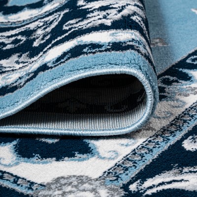 Blue and Navy Synthetic French Border 8' x 10' Area Rug