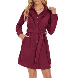 WhizMax Women's Corduroy Ruffle Hem High Waist Button Front Dress With Belt - 1 of 4
