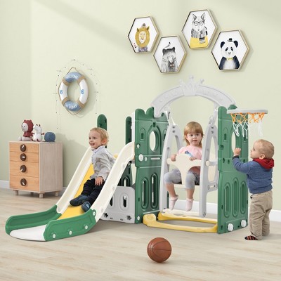 5-in-1 Kids Slide Swing Set Climber Slide Playset With Basketball Hoop Indoor Outdoor Playground For Boys Girls Birthday Xmas Gifts, Green
