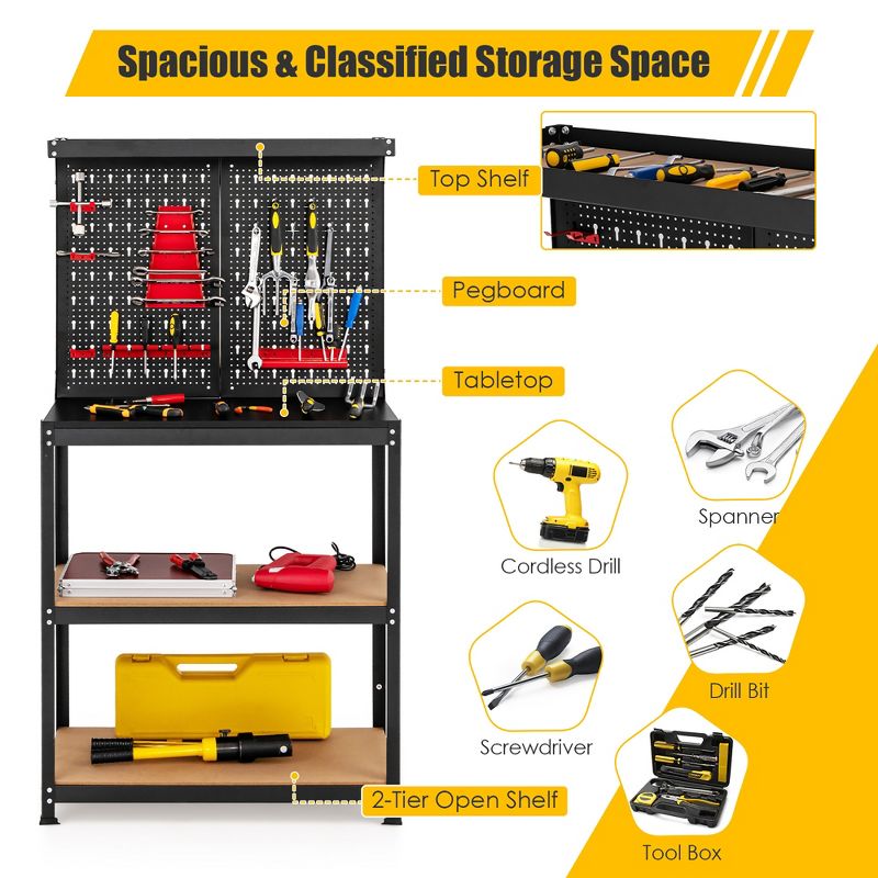 Costway Tool Storage Workbench 4 Shelf Multipurpose Garage Worktable w/Peg Board Hook Kit, 5 of 11