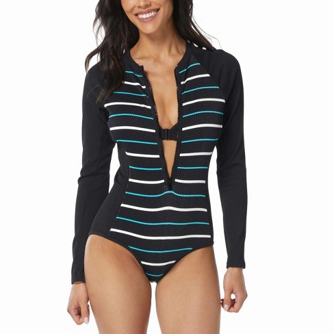 Beach House Sport Sculpt Long Sleeve Zip Front Laguna Stripe One Piece Swimsuit - image 1 of 2