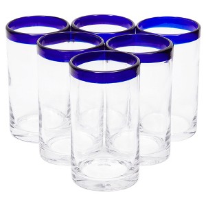 Okuna Outpost Set of 6 Blue Rim Mexican Glassware, 14 oz Cobalt Hand Blown Drinking Glasses - 1 of 4