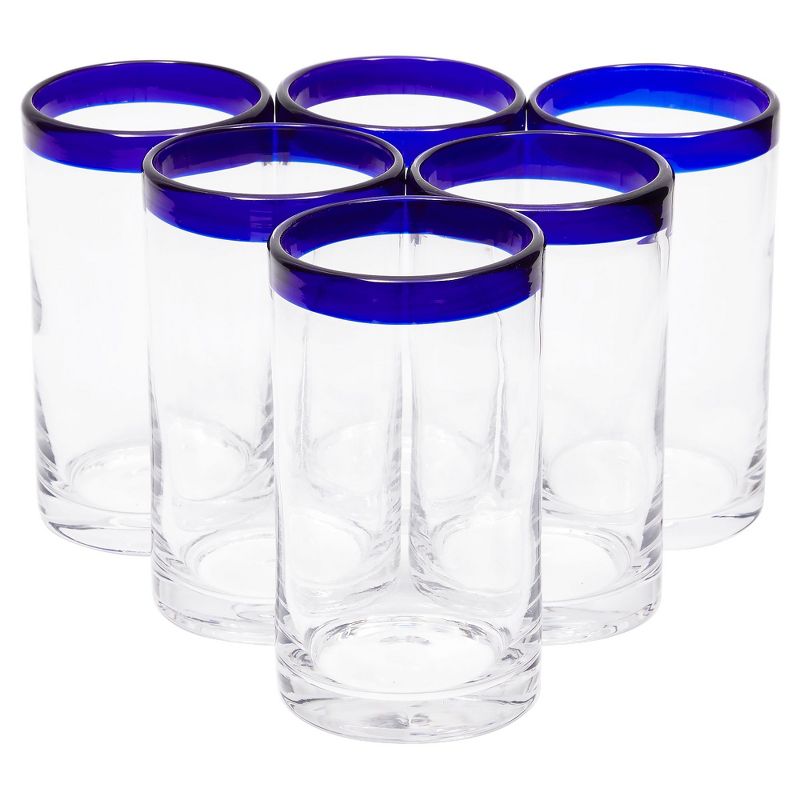 Okuna Outpost Set of 6 Blue Rim Mexican Glassware, 14 oz Cobalt Hand Blown Drinking Glasses, 1 of 8