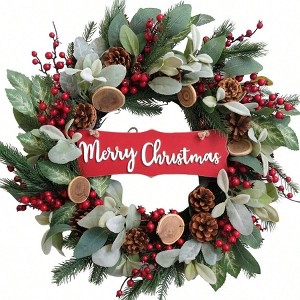 24 inch artificial decoration wreaths front door with lamb's leaves berries pine cones winter spring wreath indoor outdoor home wall - 1 of 4