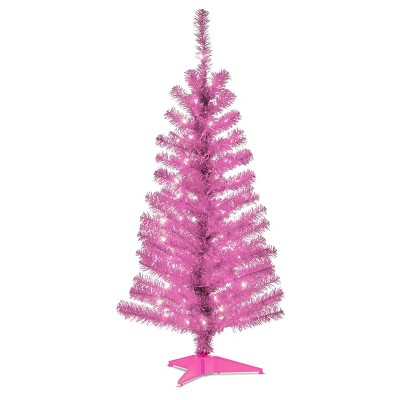 4ft National Tree Company Pre-Lit Pink Tinsel Artificial Tree with Plastic Stand & 70 Clear Lights