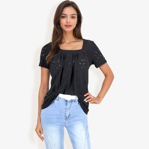 Anna-Kaci Women's Eyelet Square Neck Top with Short Sleeves, Pleated Front, Lightweight Comfortable Casual Blouse - 1 of 4