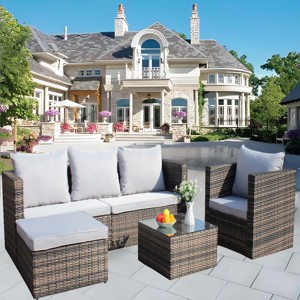 Outdoor 4 Piece Furniture Set, All Weather PE Rattan Sofa Set with Chairs and Table, Armrest Sofas with Cushions and Ottoman-Coolbibila - 1 of 4
