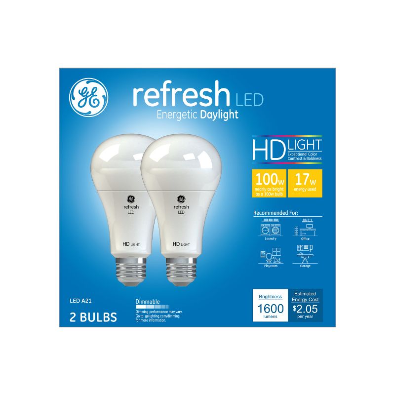 GE 2pk 15W 100W Equivalent Refresh LED HD Light Bulbs Daylight, 1 of 4