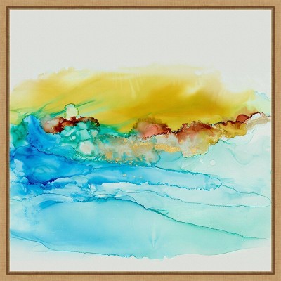 Sky Alive Abstract Blue and Yellow Canvas Wall Art with Maple Frame
