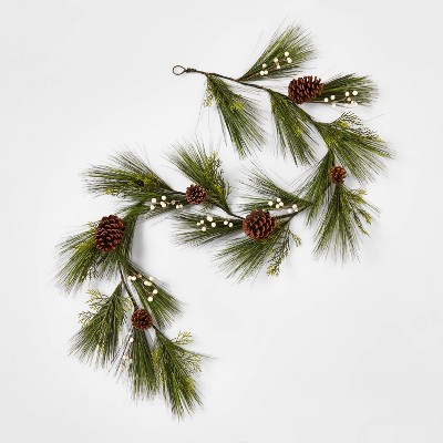6' Unlit Artificial Pine Christmas Garland with White Berries & Pinecones Green - Wondershop™