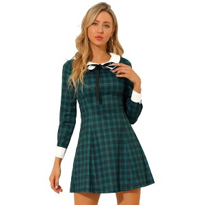 INSPIRE CHIC Women's Peter Pan Collar Fit and Flare Mini Plaid Tartan A Line Dresses - 1 of 4