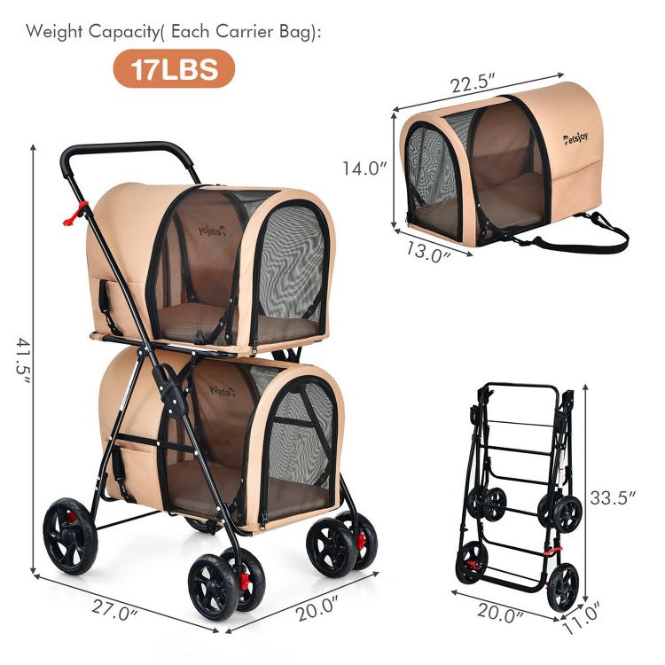 Beige colored double pet stroller with mesh windows, black frame, and dimensions labeled as 41.5" height, 27.0" length, and 20.0" width, alongside a folded view and a single carrier bag measuring 22.5" by 13.0" by 14.0".