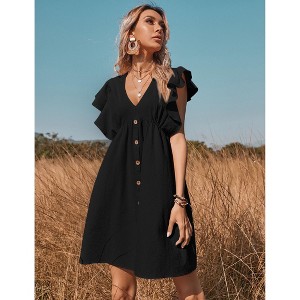 Women's Flutter Sleeve Mini Dress Button Detail Babydoll Sundress Casual Summer Dress - 1 of 4