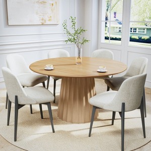 52 inch Round Natural Wood Color Dining Table with 6 White Dining chairs Suitable for Dining Room / Living Room - 1 of 4