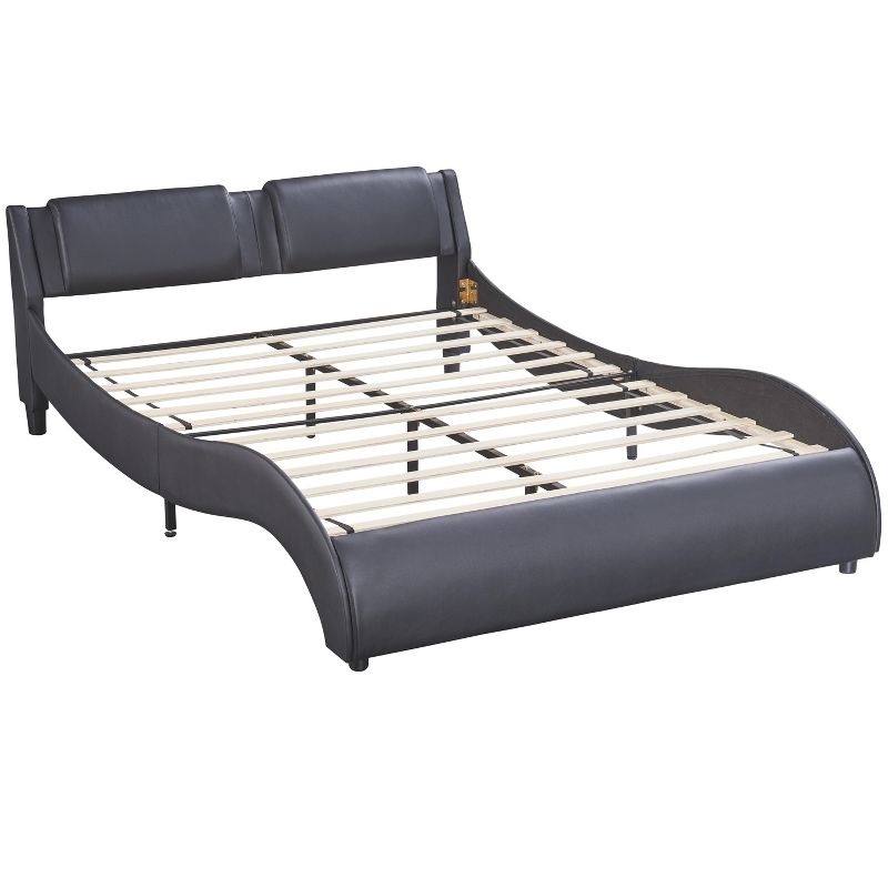 Upholstered Faux Leather Platform Bed with LED Light Bed Frame with Slatted-ModernLuxe, 3 of 12