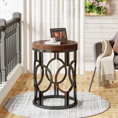 Hommoo Round End Table, Industrial Side Table with Metal Hollow Frame