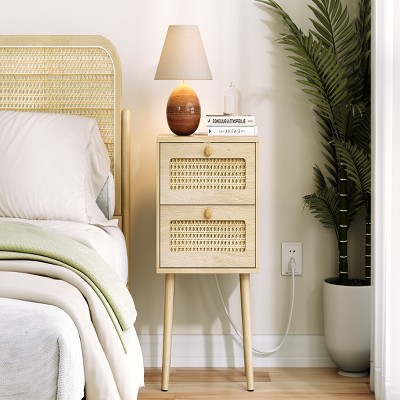 GlasFlength Nightstands Rattan Nightstand Modern Bedside Table Cane Accent Bedside End Table for Bedroom Modern, Beige, 14.9"*11.2"*23.6"