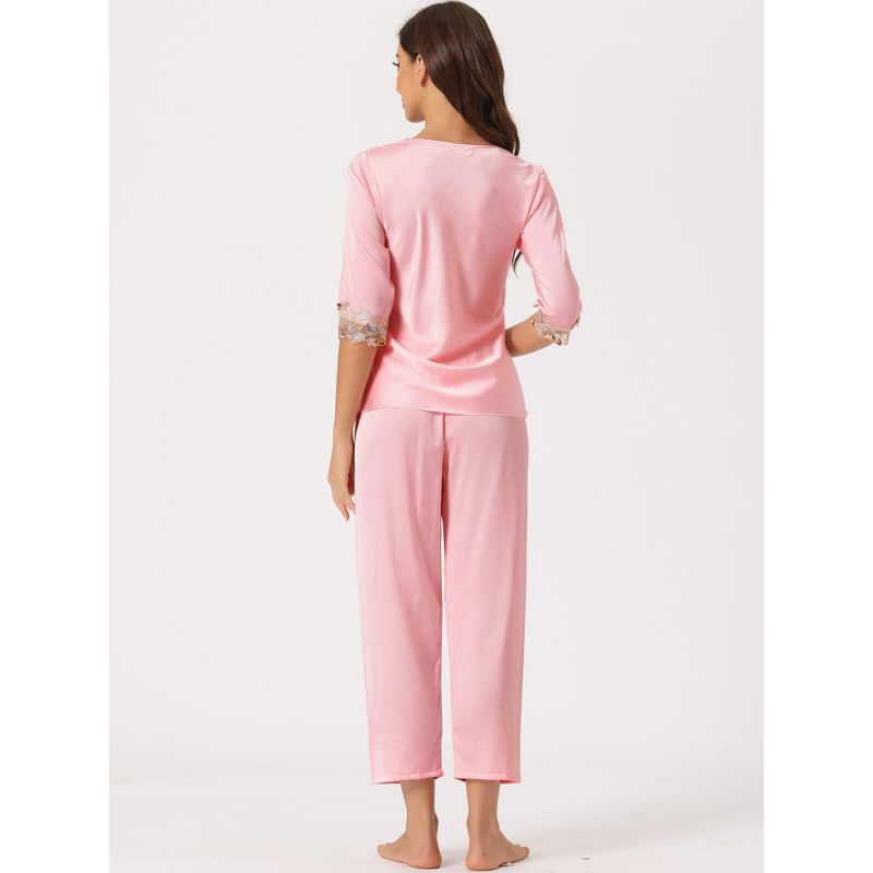 cheibear Women's Satin Pajama Set Half Sleeve Lace Trim with Long Pants 2 Piece Sleepwear Sets, 3 of 6