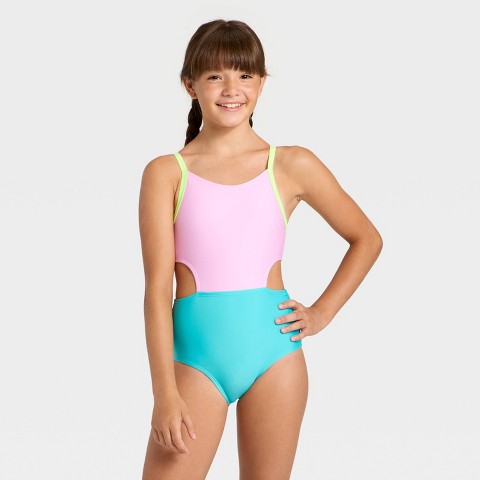 Cat & Jack Girls' Sleeveless Colorblock One Piece Swimsuit - Cat & Jack™ Lavender/Turquoise M