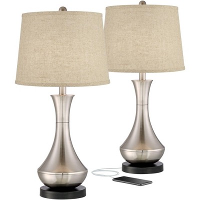 360 Lighting Simon Brushed Nickel USB Burlap Linen Table Lamps Set of 2