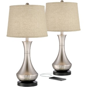 360 Lighting Simon Modern Table Lamps 25 1/2" High Set of 2 Brushed Nickel with USB Charging Port Burlap Fabric Drum Shade for Bedroom Bedside Desk - 1 of 4